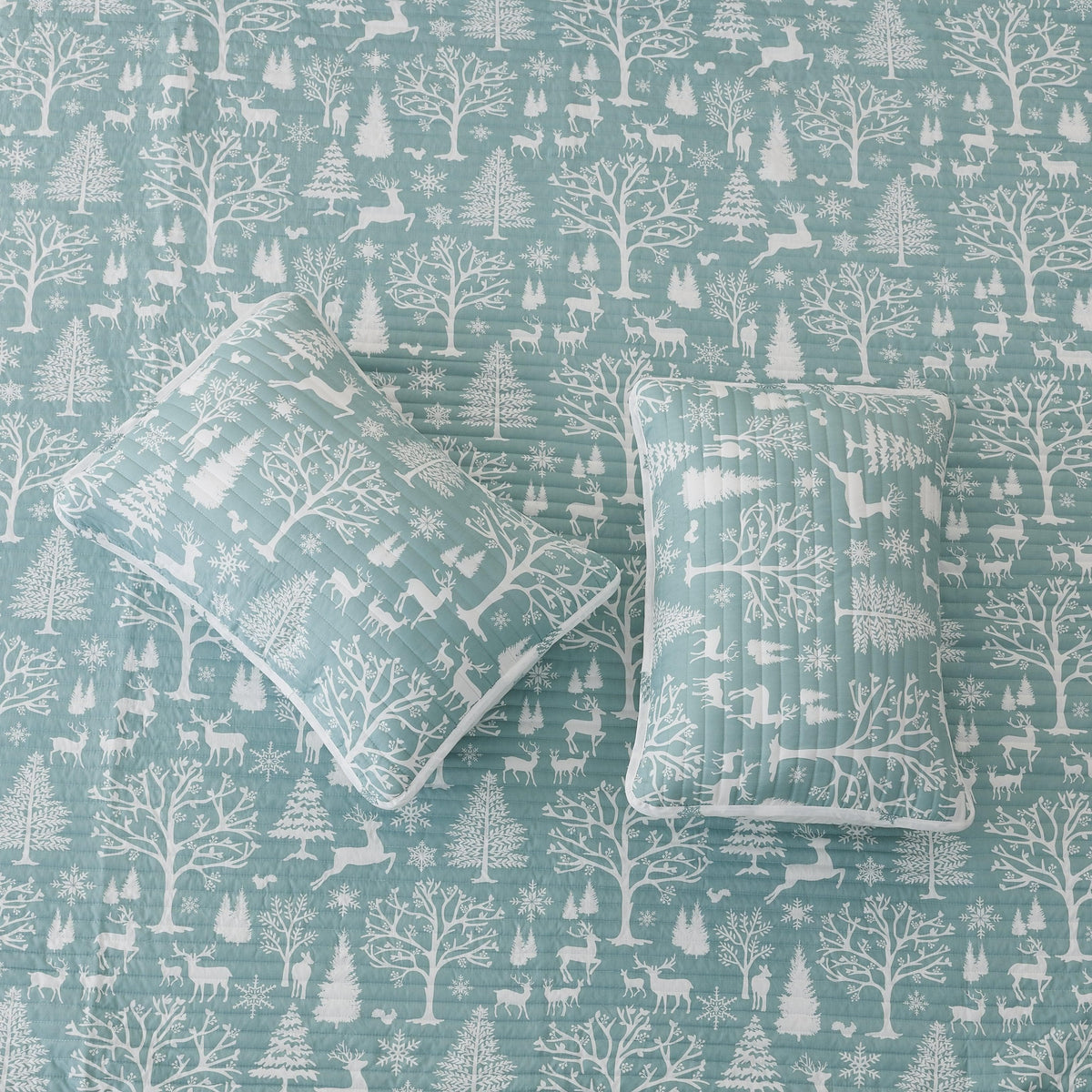 Lodge Woods Quilt by Great Bay Home, teal with white woodland trees and deer set of 2 on Tampa Home & Garden Store