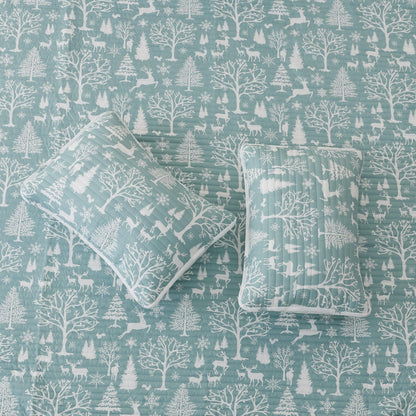 Lodge Woods Quilt by Great Bay Home, teal with white woodland trees and deer set of 2 on Tampa Home & Garden Store