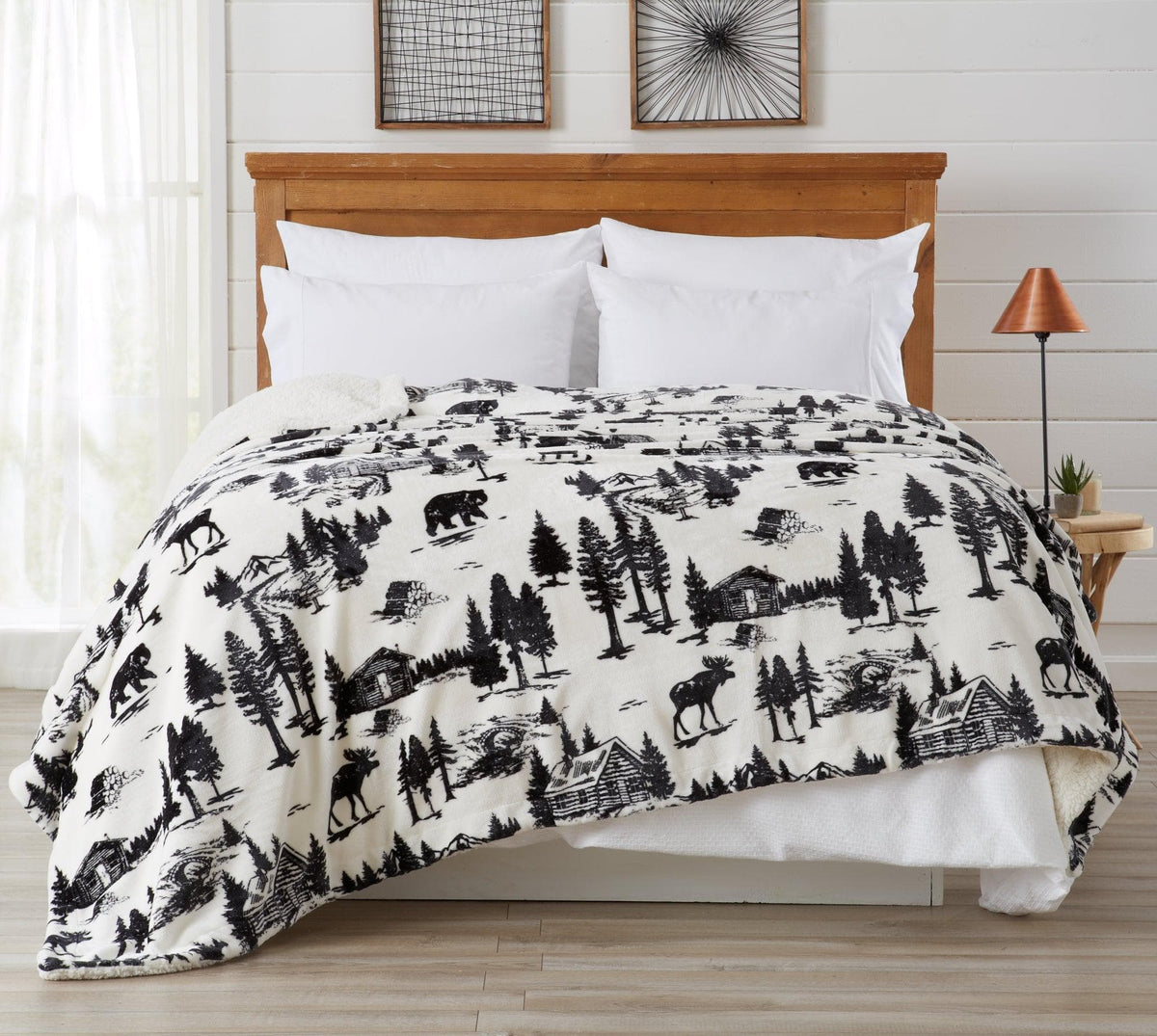 Velvet Plush Sherpa Bed Blanket - Cielo Collection white with forest print by Great Bay Home on Tampa Home & Garden Store