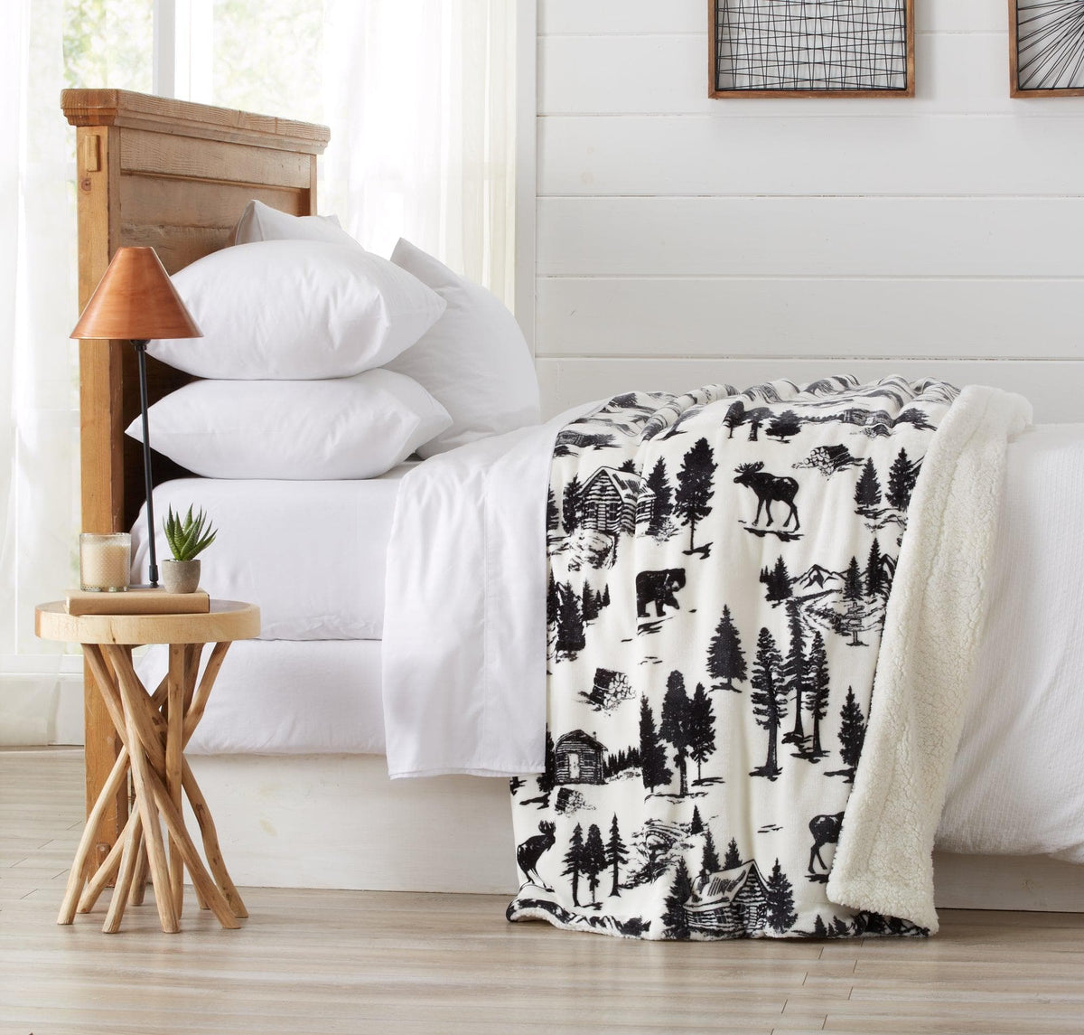 Velvet Plush Sherpa Bed Blanket by Great Bay Home, Cielo in white with black forest print on Tampa Home & Garden Store