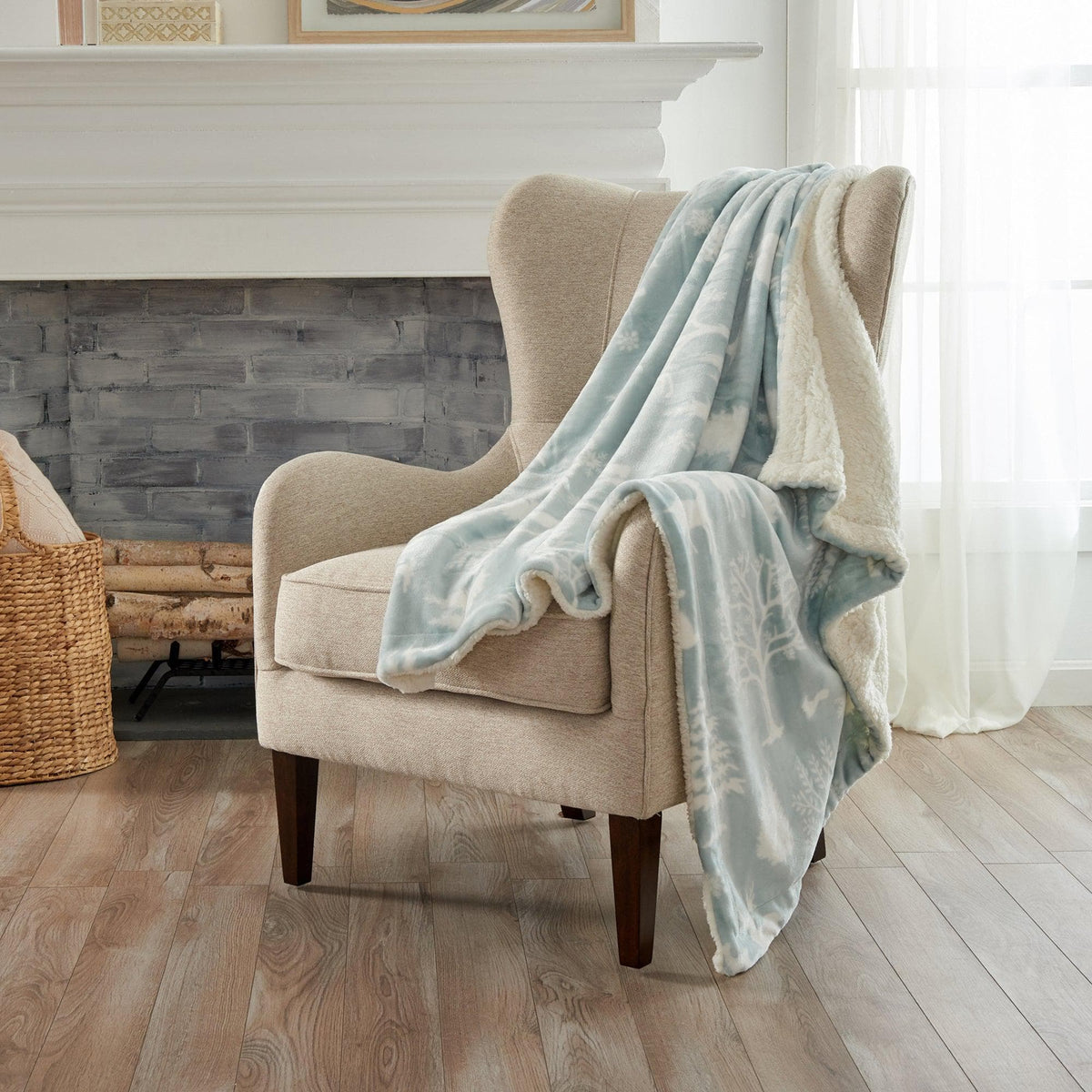 Velvet Plush Sherpa Blanket, Great Bay Home Cielo Collection pale blue, draped over beige chair on Tampa Home & Garden Store