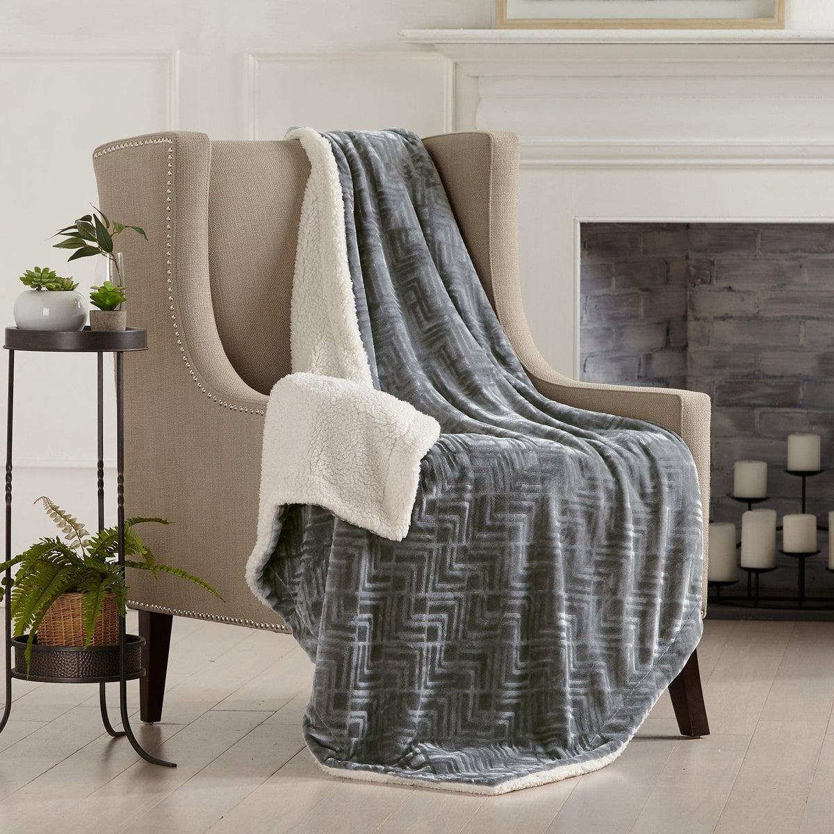 Velvet Plush Sherpa Luxury Bed Blanket - Cielo Collection gray sherpa lining Great Bay Home on Tampa Home & Garden Store