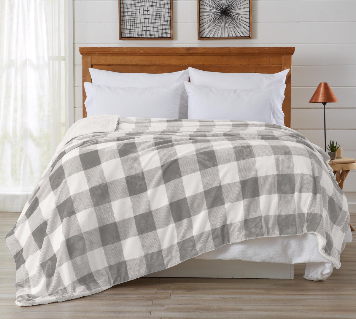 Velvet Plush Sherpa bed blanket in gray plaid, Great Bay Home, Cielo Collection on Tampa Home & Garden Store