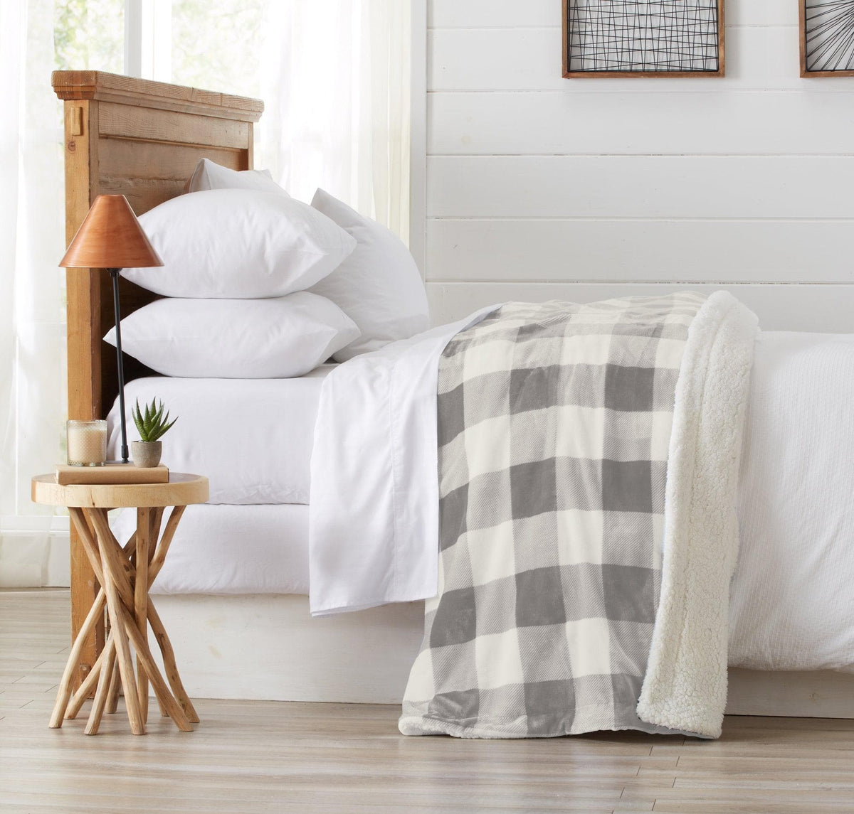 Velvet Plush Sherpa Bed Blanket Cielo Collection by Great Bay Home white with gray plaid at foot on Tampa Home & Garden Store