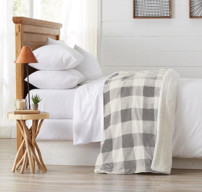 Velvet Plush Sherpa Bed Blanket Cielo Collection by Great Bay Home white with gray plaid at foot on Tampa Home & Garden Store