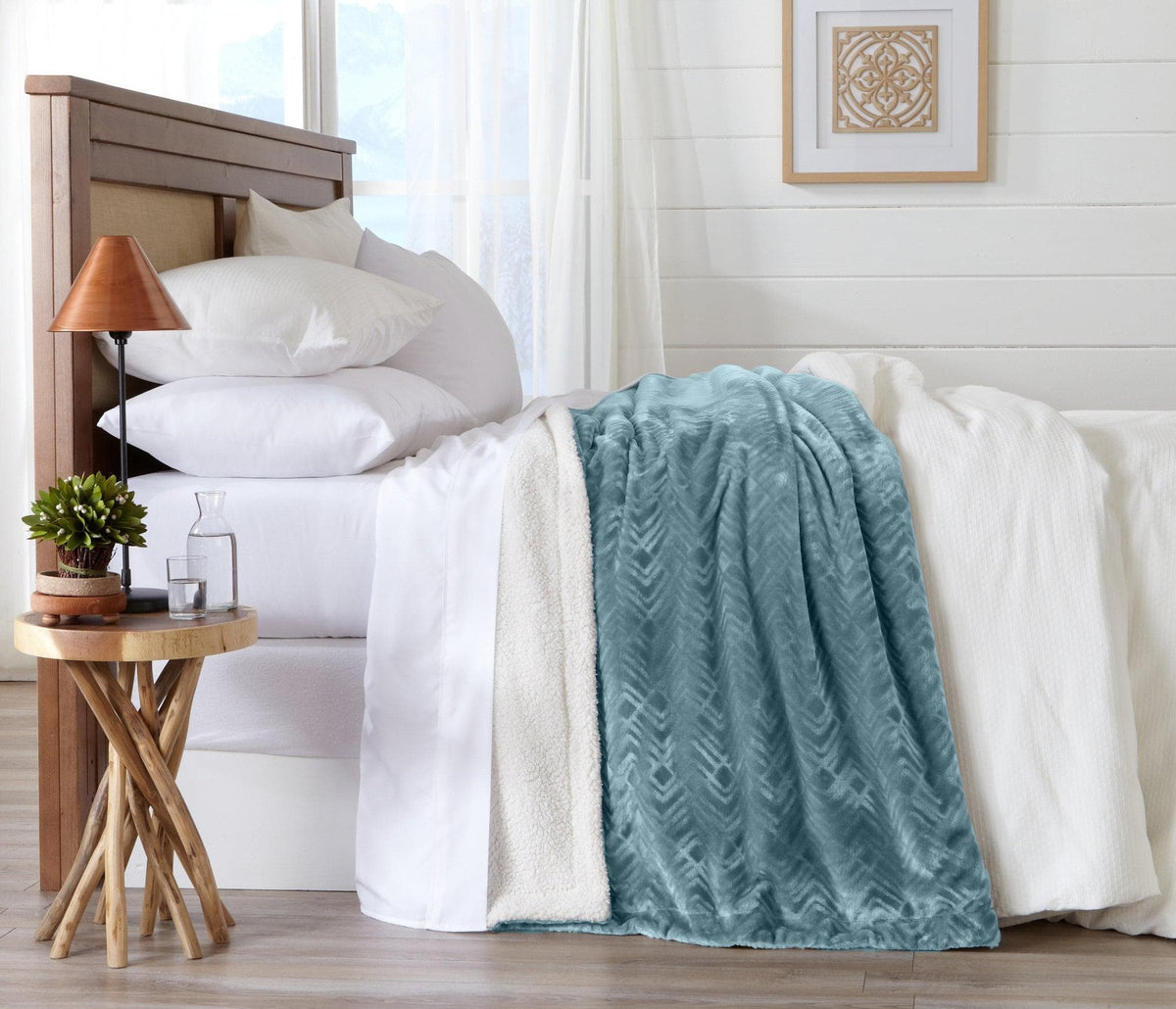Velvet Plush Sherpa Bed Blanket Cielo teal by Great Bay Home with white sherpa trim on Tampa Home & Garden Store