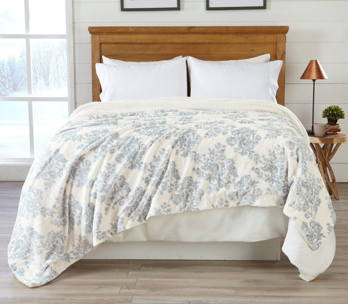 Velvet Plush Sherpa Luxury Bed Blanket - Cielo Collection by Great Bay Home in ivory with blue floral on Tampa Home & Garden Store