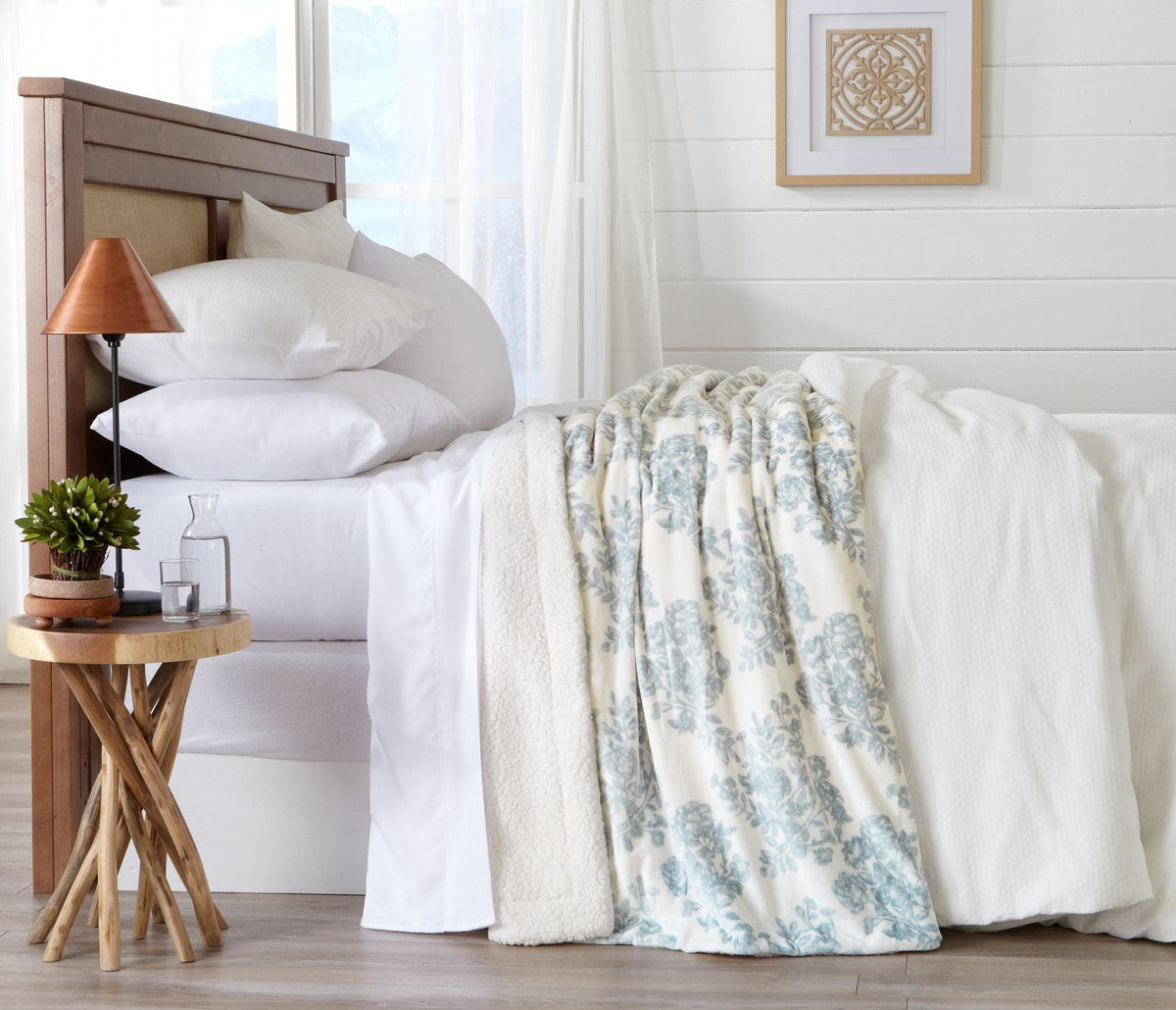 Velvet Plush Sherpa Bed Blanket, Cielo Collection by Great Bay Home, ivory with floral pattern on Tampa Home & Garden Store