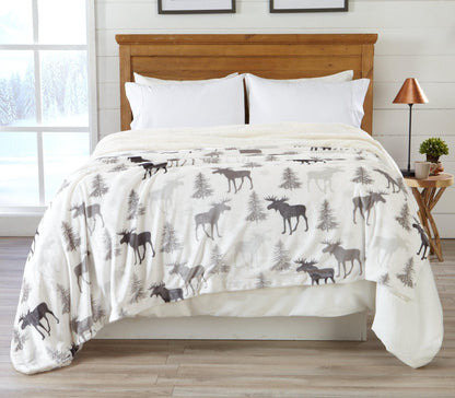 Velvet Plush Sherpa Bed Blanket Cielo Collection Great Bay Home ivory moose print on Tampa Home & Garden Store