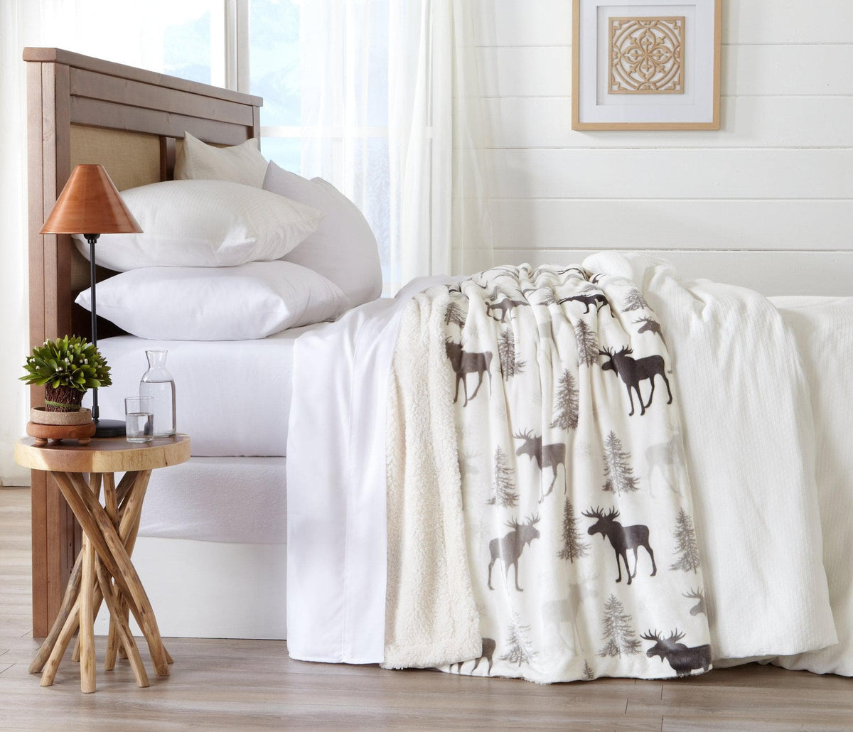 Velvet Plush Sherpa Bed Blanket Cielo Collection by Great Bay Home on bed with moose print on Tampa Home & Garden Store