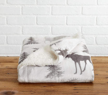 Velvet Plush Sherpa Luxury Bed Blanket, Cielo Collection in white with gray deer and tree motif on Tampa Home & Garden Store