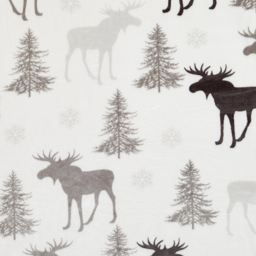 Velvet Plush Sherpa Luxury Bed Blanket in Cielo with gray moose and pine trees on white on Tampa Home & Garden Store