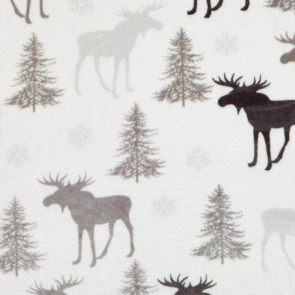 Velvet Plush Sherpa Luxury Bed Blanket in Cielo with gray moose and pine trees on white on Tampa Home & Garden Store