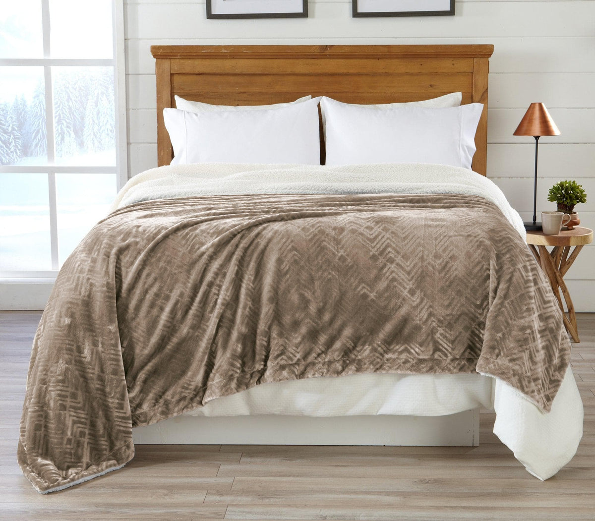 Velvet Plush Sherpa Luxury Bed Blanket Cielo Collection by Great Bay Home in taupe on Tampa Home & Garden Store