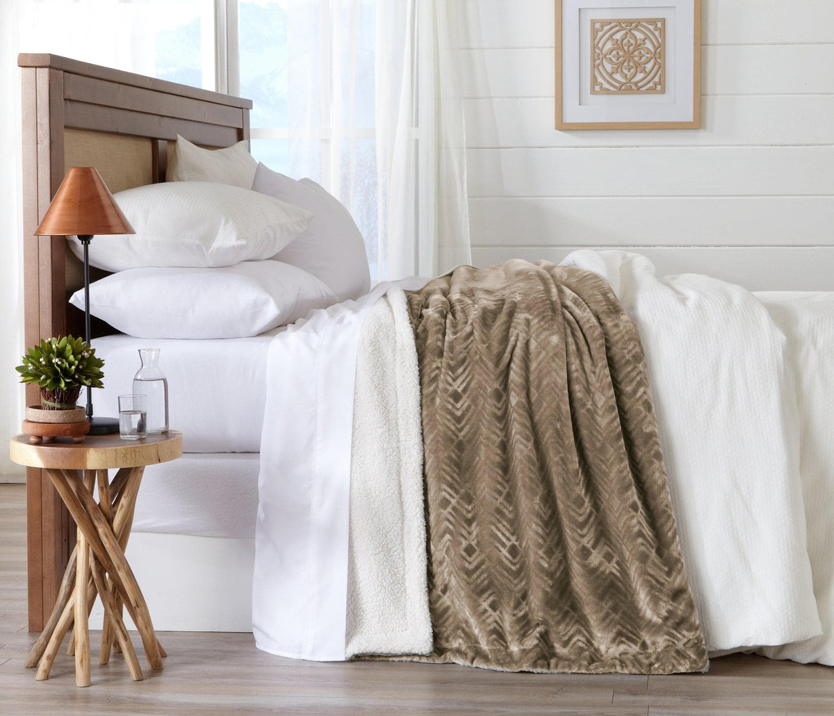 Velvet Plush Sherpa Luxury Bed Blanket Cielo by Great Bay Home taupe tones on white bedding on Tampa Home & Garden Store