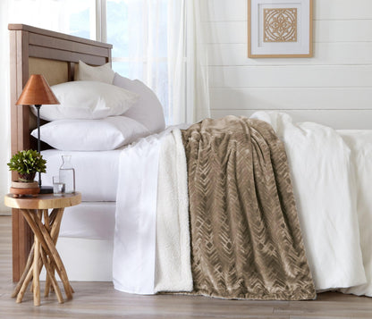 Velvet Plush Sherpa Luxury Bed Blanket Cielo by Great Bay Home taupe tones on white bedding on Tampa Home & Garden Store