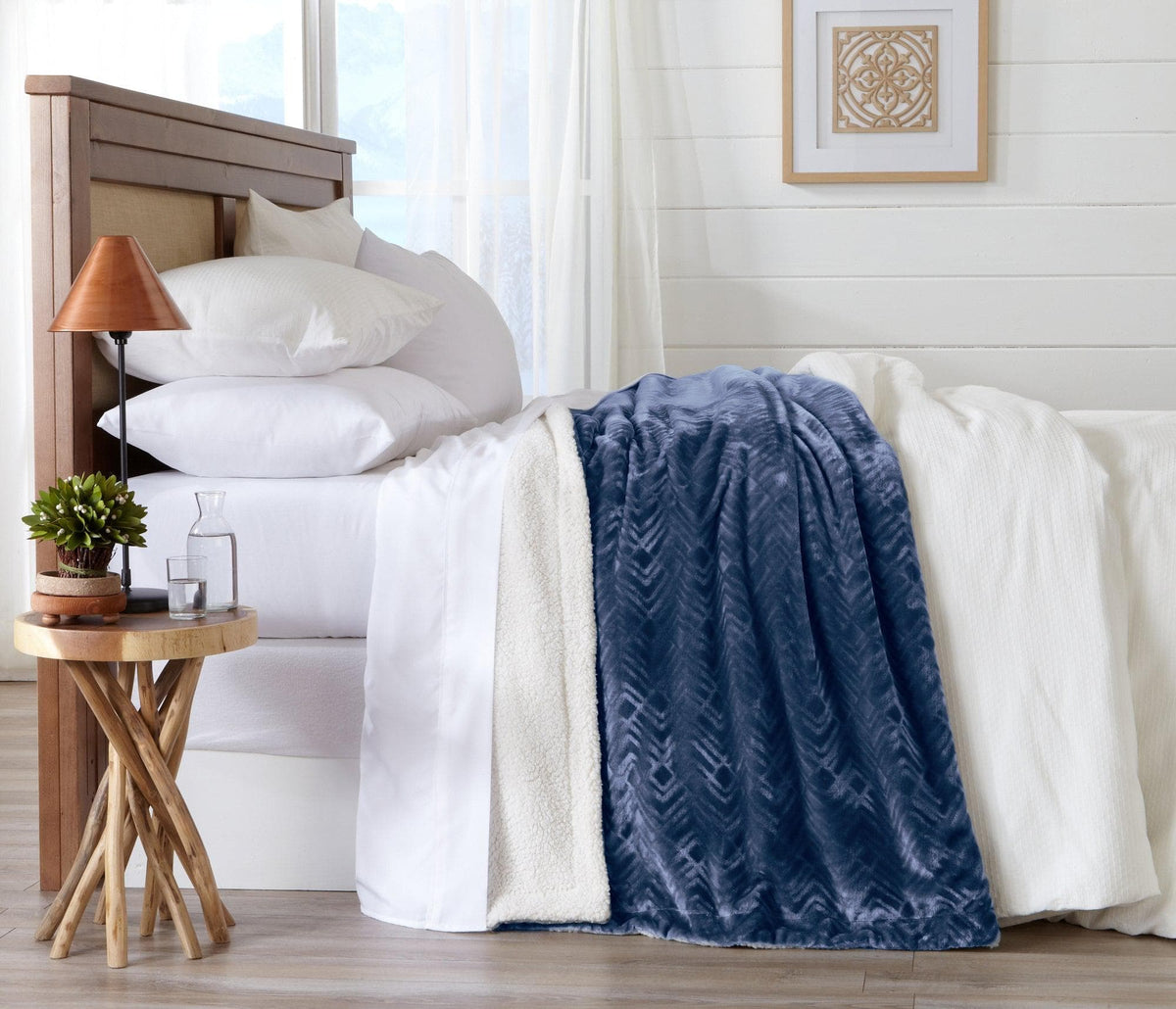 Velvet Plush Sherpa Bed Blanket Cielo navy velvet with cream sherpa lining Great Bay Home on Tampa Home & Garden Store