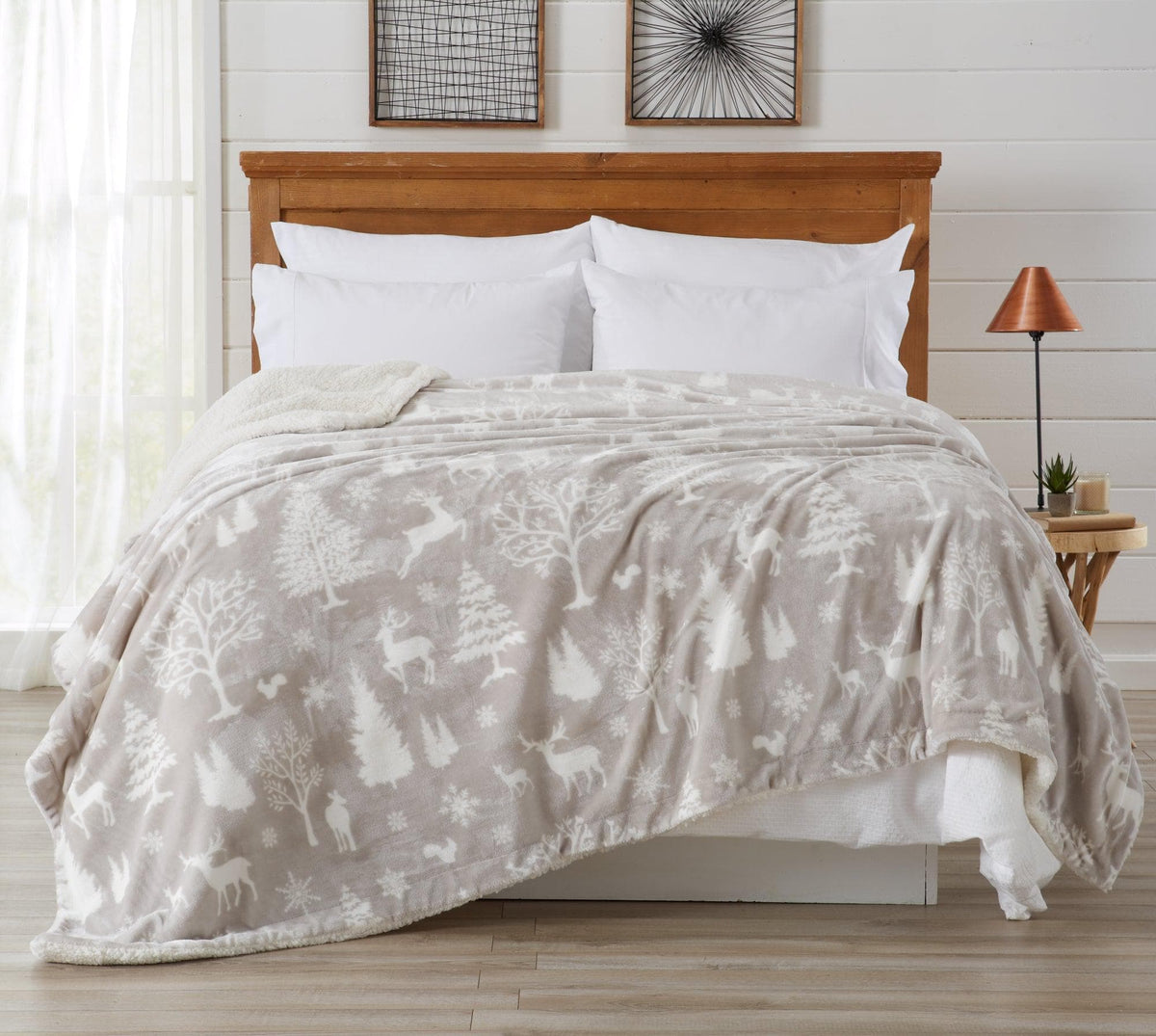 Velvet Plush Sherpa Bed Blanket Cielo Collection gray with white woodland print Great Bay Home on Tampa Home & Garden Store