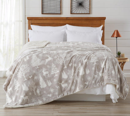 Velvet Plush Sherpa Bed Blanket Cielo Collection gray with white woodland print Great Bay Home on Tampa Home & Garden Store