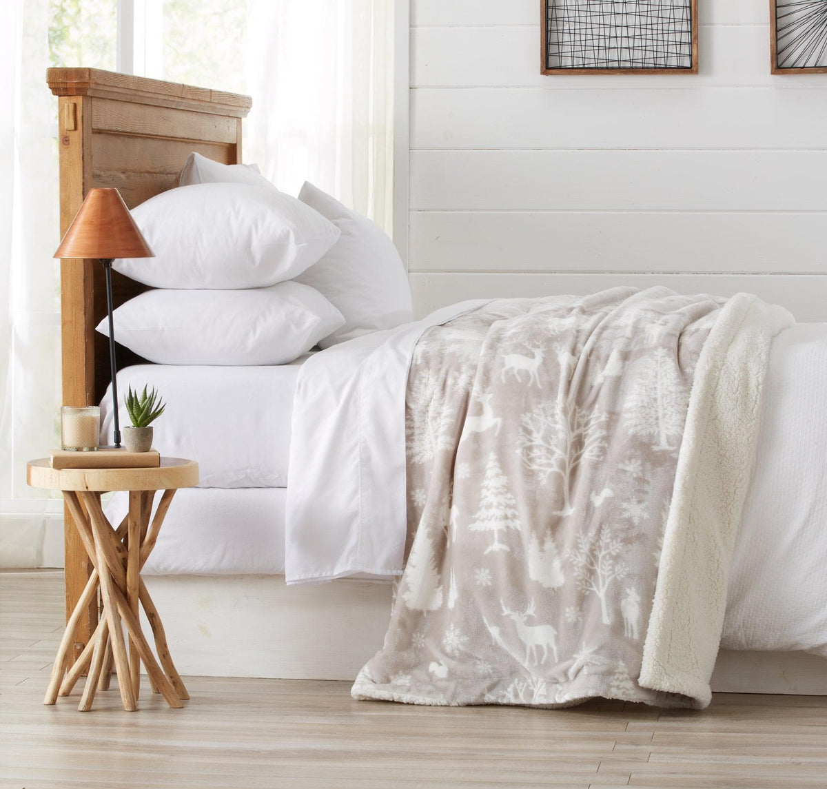Velvet Plush Sherpa Luxury Bed Blanket Cielo Collection by Great Bay Home in ivory and gray draped over bed on Tampa Home & Garden Store