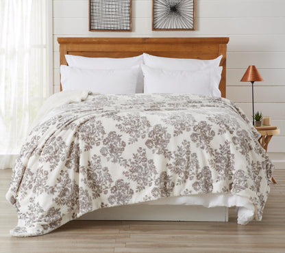 Velvet Plush Sherpa Bed Blanket Cielo Collection gray floral pattern on white on Tampa Home & Garden Store