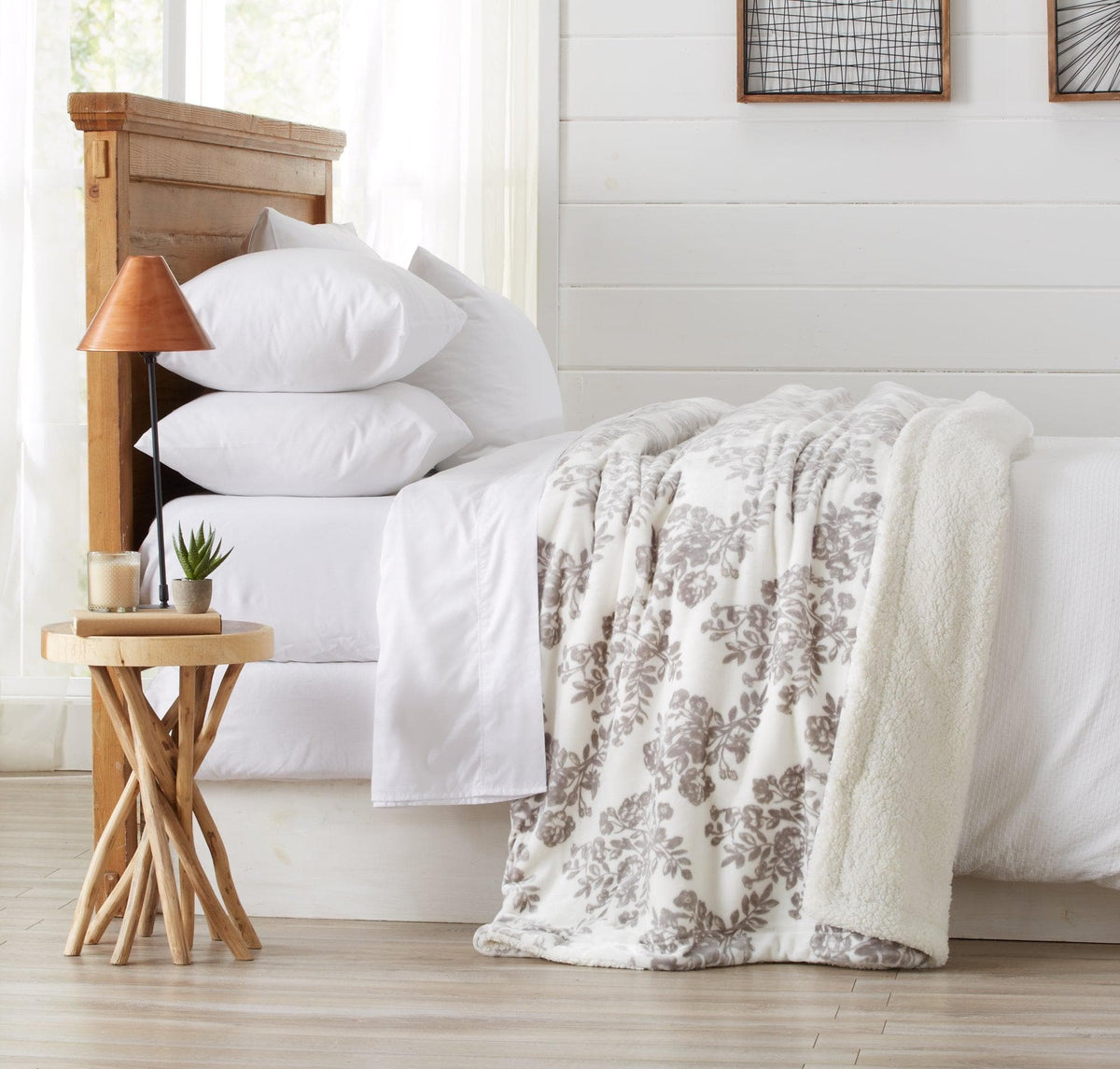 Velvet Plush Sherpa Luxury Bed Blanket - Cielo Collection in white with gray floral print on Tampa Home & Garden Store