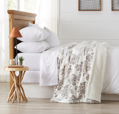Velvet Plush Sherpa Luxury Bed Blanket - Cielo Collection in white with gray floral print on Tampa Home & Garden Store