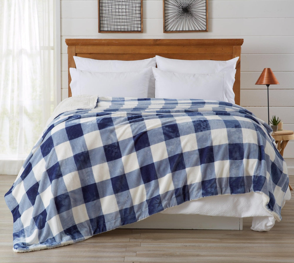 Velvet Plush Sherpa Luxury Bed Blanket, Cielo Collection by Great Bay Home in navy buffalo plaid on Tampa Home & Garden Store