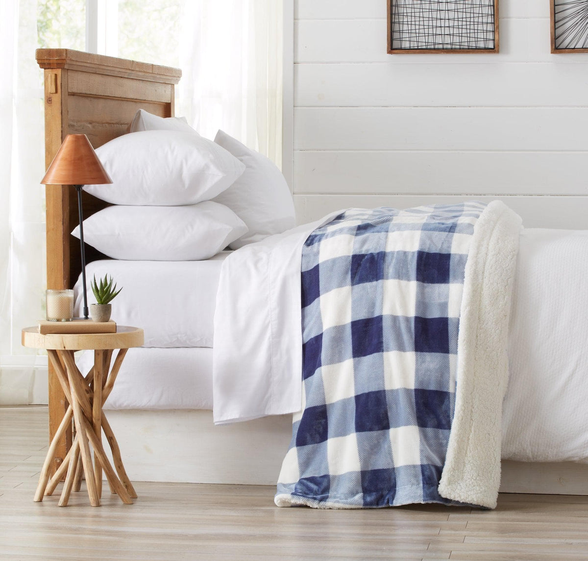 Velvet Plush Sherpa Luxury Bed Blanket Cielo Collection blue plaid by Great Bay Home on bed on Tampa Home & Garden Store