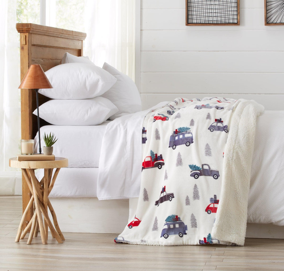 Velvet Plush Sherpa Luxury Bed Blanket - Cielo Collection, white with vehicle print on white bedding on Tampa Home & Garden Store