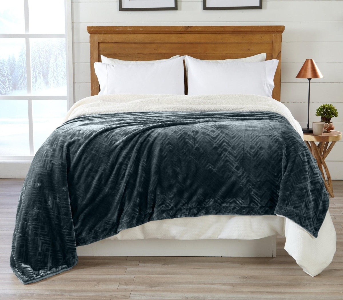 Great Bay Home Velvet Plush Sherpa bed blanket, Cielo Collection in deep blue with chevron on Tampa Home & Garden Store