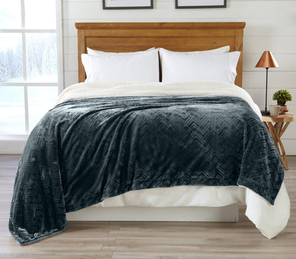 Great Bay Home Velvet Plush Sherpa bed blanket, Cielo Collection in deep blue with chevron on Tampa Home & Garden Store