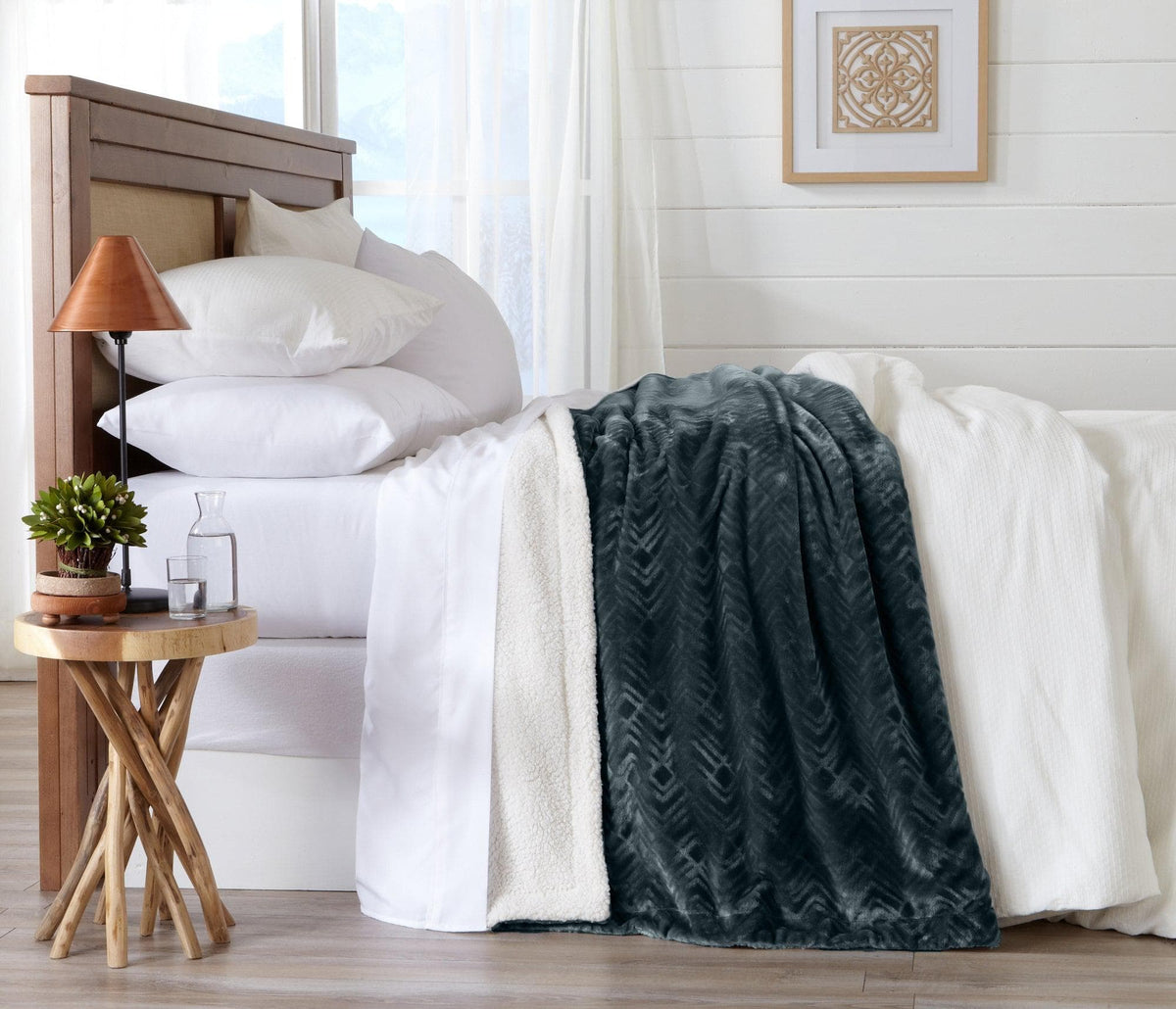 Velvet Plush Sherpa Bed Blanket Cielo Collection dark teal with cream trim on Tampa Home & Garden Store