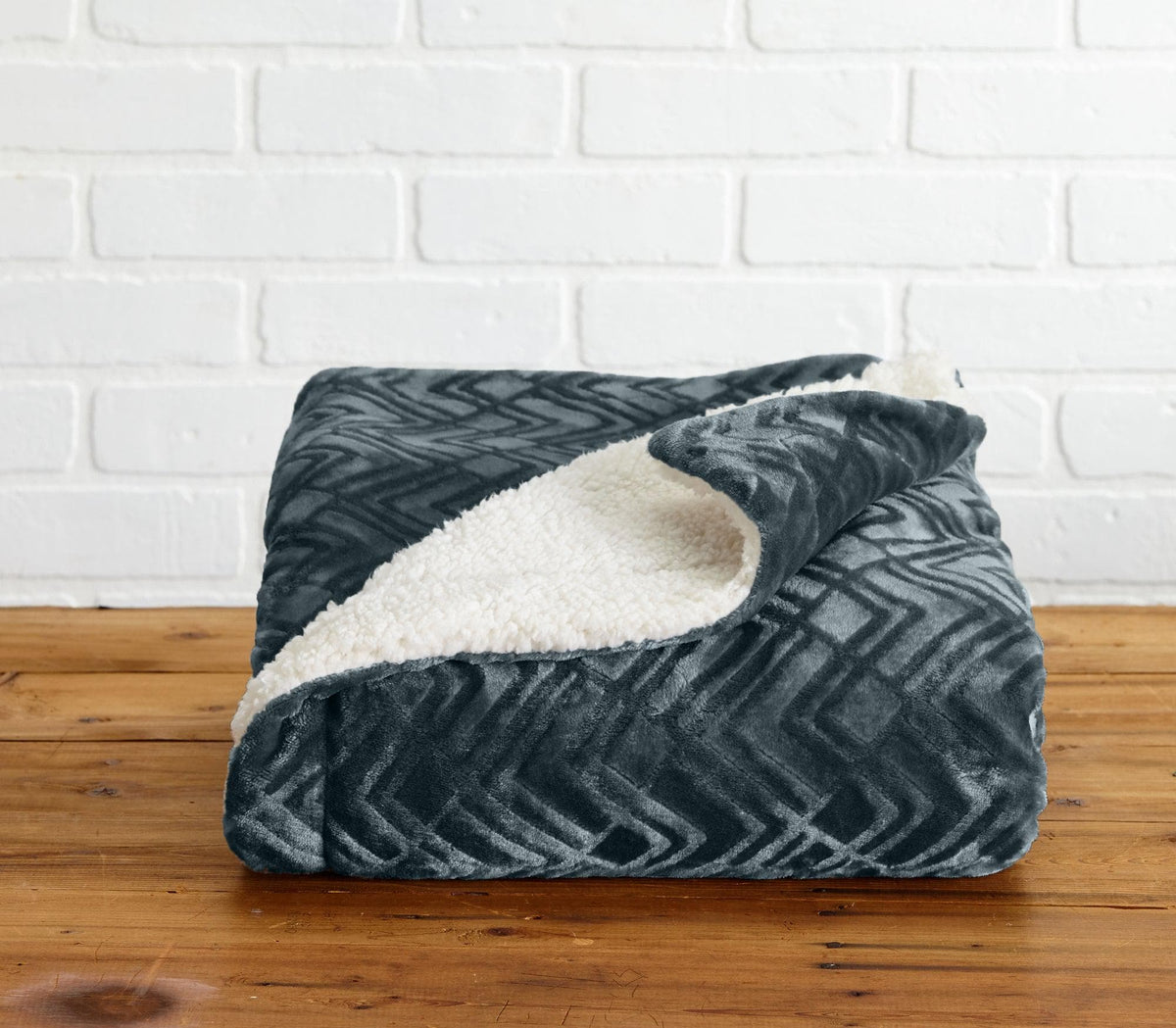Velvet Plush Sherpa Bed Blanket in gray with white sherpa lining, quilted chevron texture on Tampa Home & Garden Store