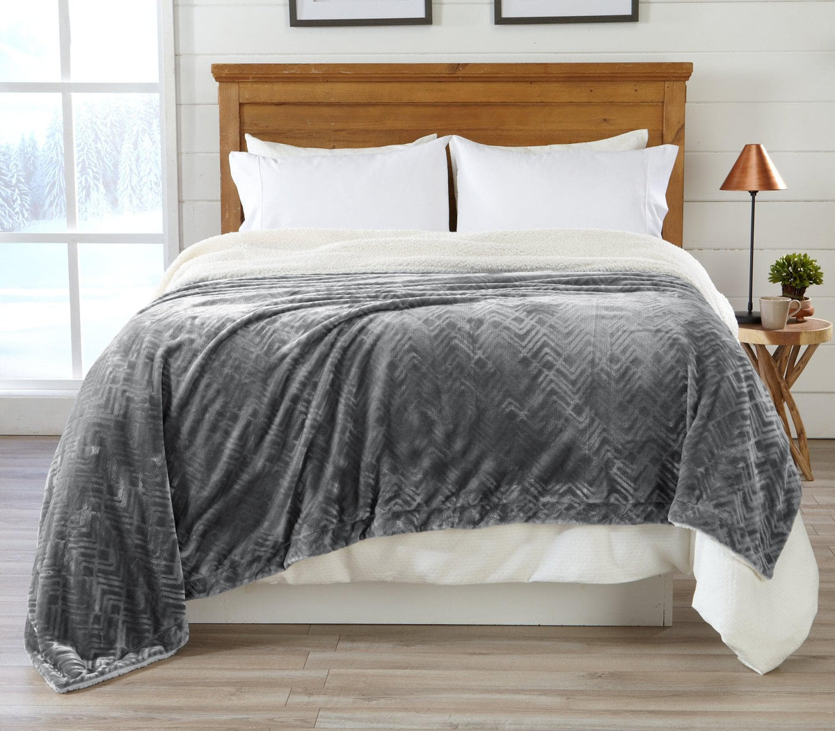 Great Bay Home Velvet Plush Sherpa Bed Blanket Cielo Collection gray blanket with white pillows on Tampa Home & Garden Store