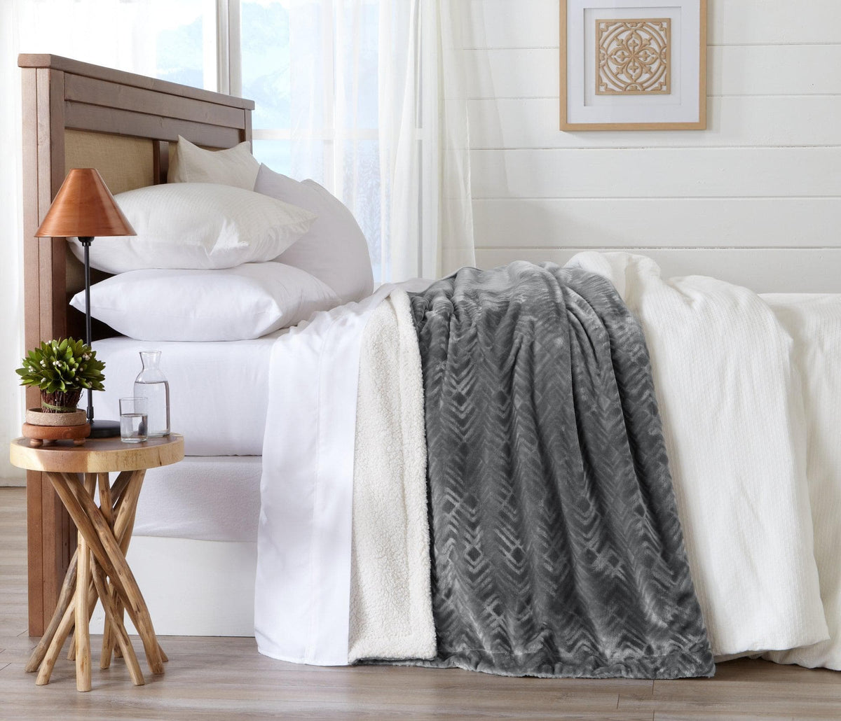 Velvet Plush Sherpa Bed Blanket Cielo Collection Great Bay Home grey with white sherpa trim on Tampa Home & Garden Store