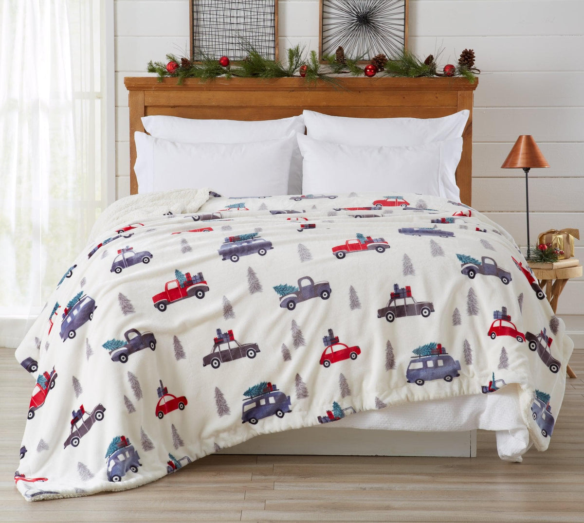 Velvet Plush Sherpa Luxury Bed Blanket Cielo Collection by Great Bay Home white with colorful truck print on Tampa Home & Garden Store