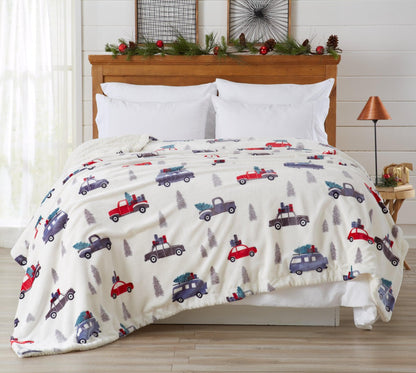 Velvet Plush Sherpa Luxury Bed Blanket Cielo Collection by Great Bay Home white with colorful truck print on Tampa Home & Garden Store
