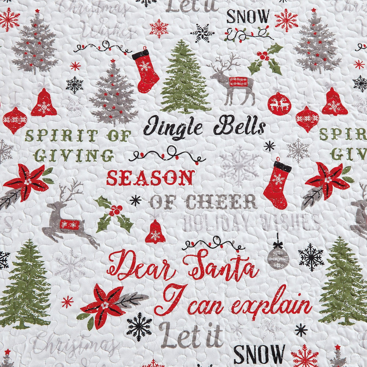 Great Bay Home Carol Collection quilt set in white with red and green Christmas motifs on Tampa Home & Garden Store