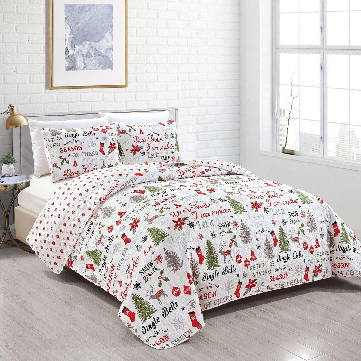 Holiday Quilt Set Carol Collection by Great Bay Home in festive red-green print on Tampa Home & Garden Store
