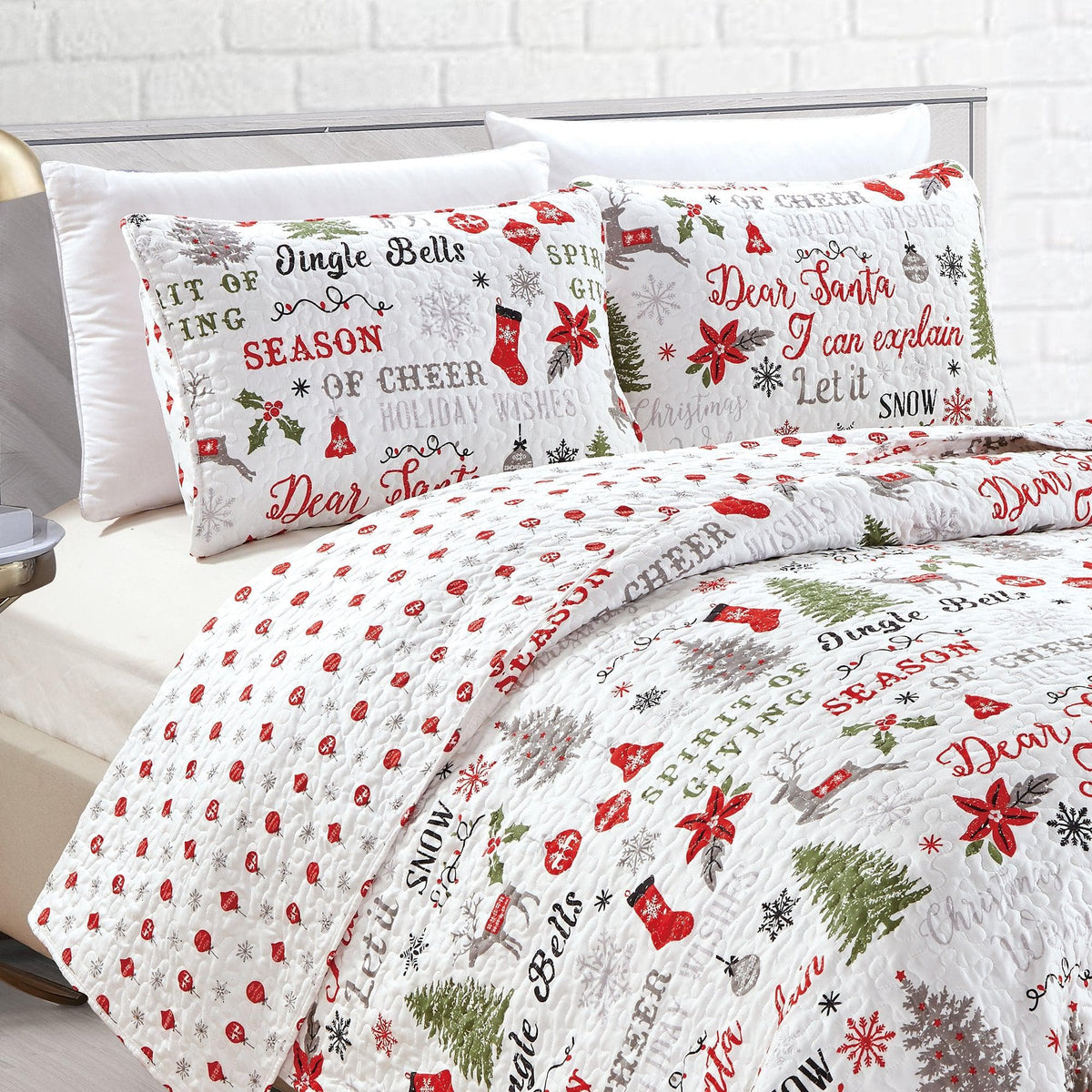 Holiday Quilt Set - Carol Collection by Great Bay Home, white quilt with red and green holiday motifs on Tampa Home & Garden Store