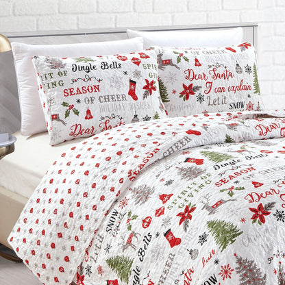 Holiday Quilt Set - Carol Collection by Great Bay Home, white quilt with red and green holiday motifs on Tampa Home & Garden Store