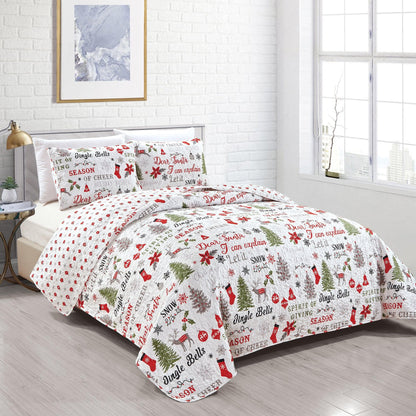 Holiday Quilt Set Carol Collection quilt with two printed shams in white and red-green motif on Tampa Home & Garden Store