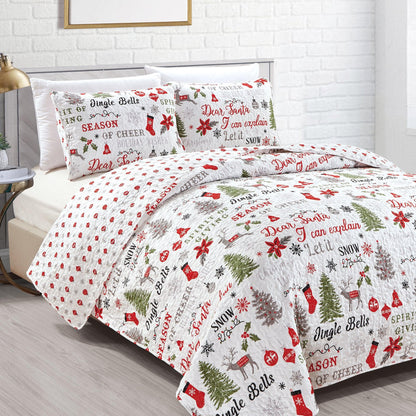 Holiday Quilt Set Carol Collection by Great Bay Home; white quilt with red/green holiday prints on Tampa Home & Garden Store
