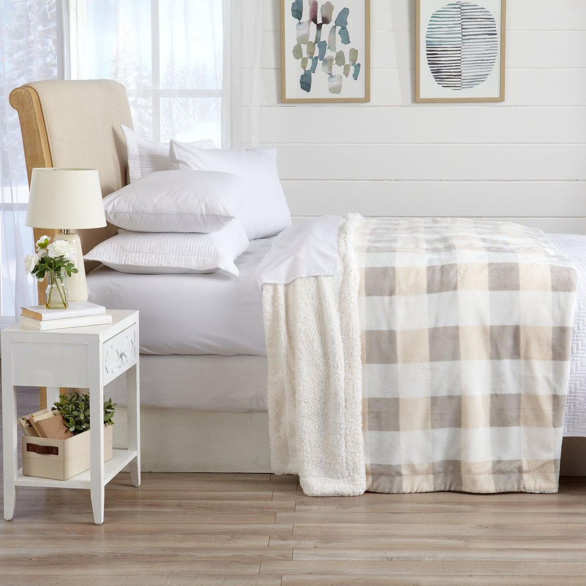 Velvet Plush Sherpa Luxury Bed Blanket - Kinsley, Great Bay Home, beige plaid on white bedding on Tampa Home & Garden Store