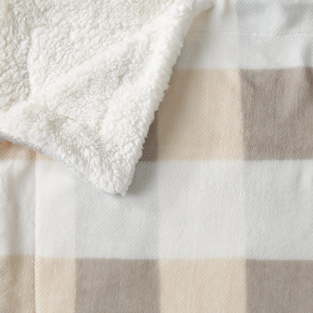 Velvet Plush Sherpa Bed Blanket by Great Bay Home, cream sherpa with tan plaid reverse on Tampa Home & Garden Store