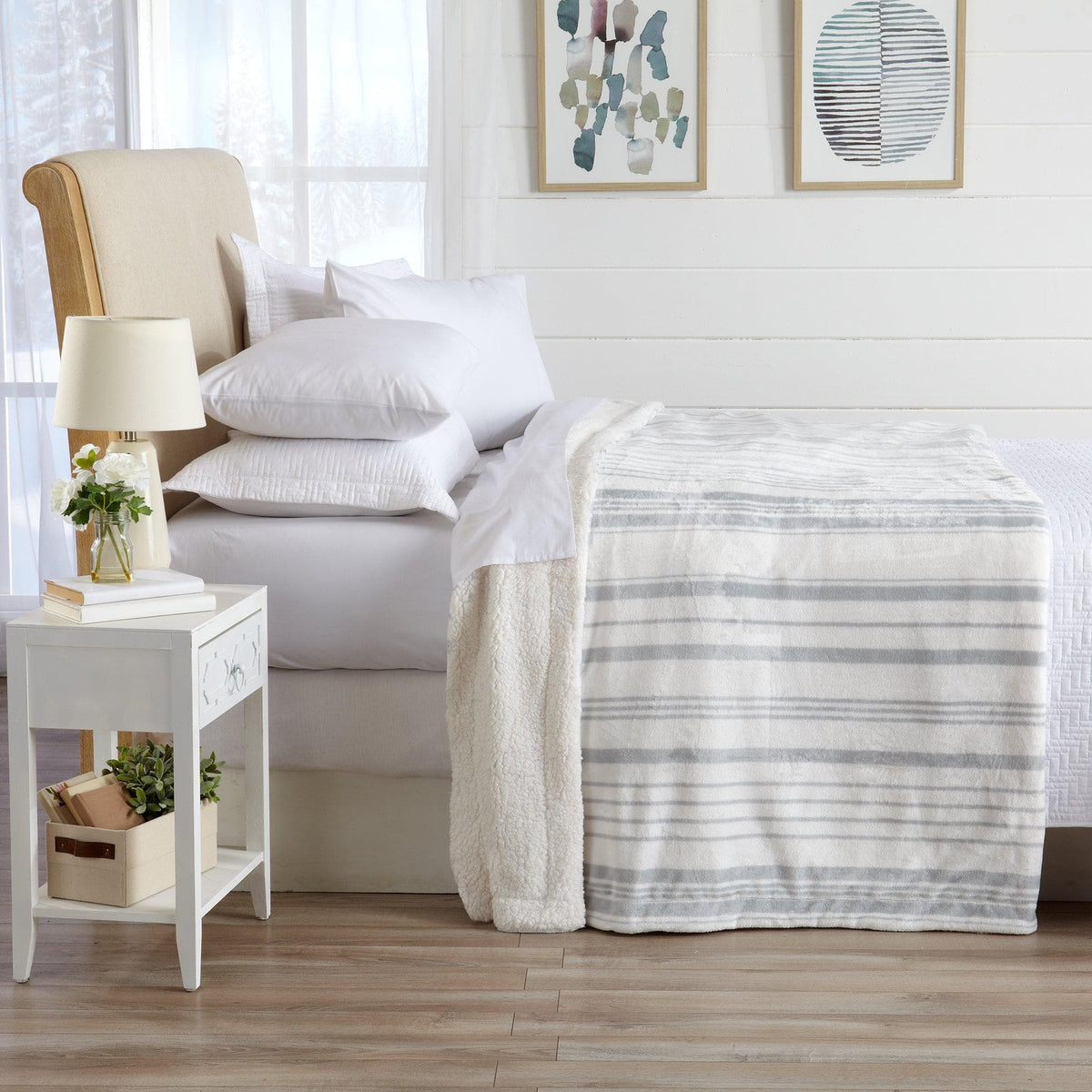 Velvet Plush Sherpa Luxury Bed Blanket Kinsley Collection ivory plush on bed Great Bay Home on Tampa Home & Garden Store