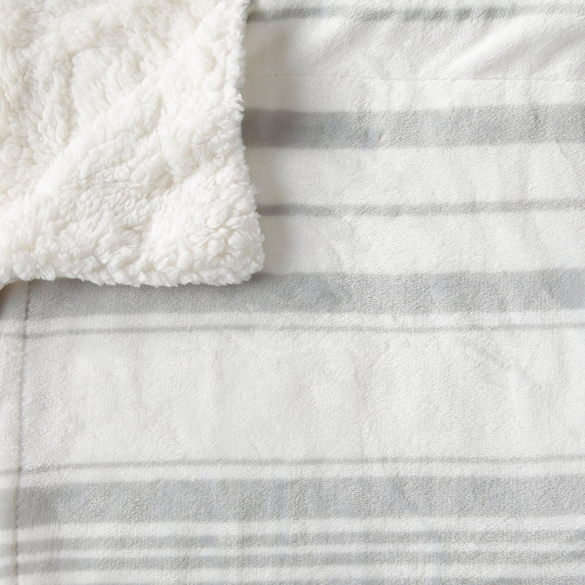 Velvet Plush Sherpa Luxury Bed Blanket by Great Bay Home, white sherpa over gray stripes on Tampa Home & Garden Store