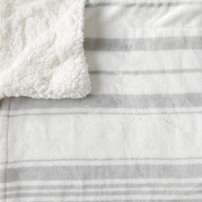 Velvet Plush Sherpa Luxury Bed Blanket by Great Bay Home, white sherpa over gray stripes on Tampa Home & Garden Store