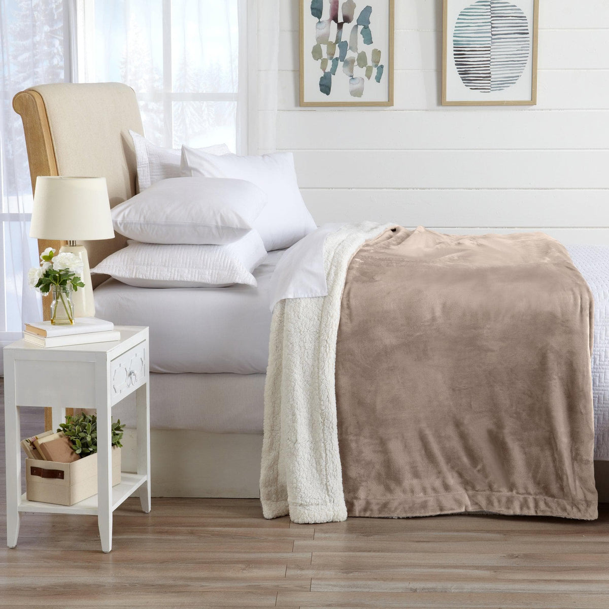 Velvet Plush Sherpa Bed Blanket Kinsley Collection by Great Bay Home beige on a cozy bed on Tampa Home & Garden Store